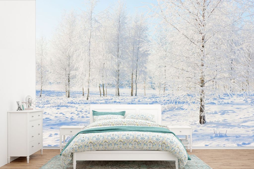 MuchoWow Fototapete für Wohnzimmer oder Schlafzimmer Wandtapete Vinyl Motivtapete Schnee - Bäume - Winter - 360x240 cm - Vinyl-Tapete
