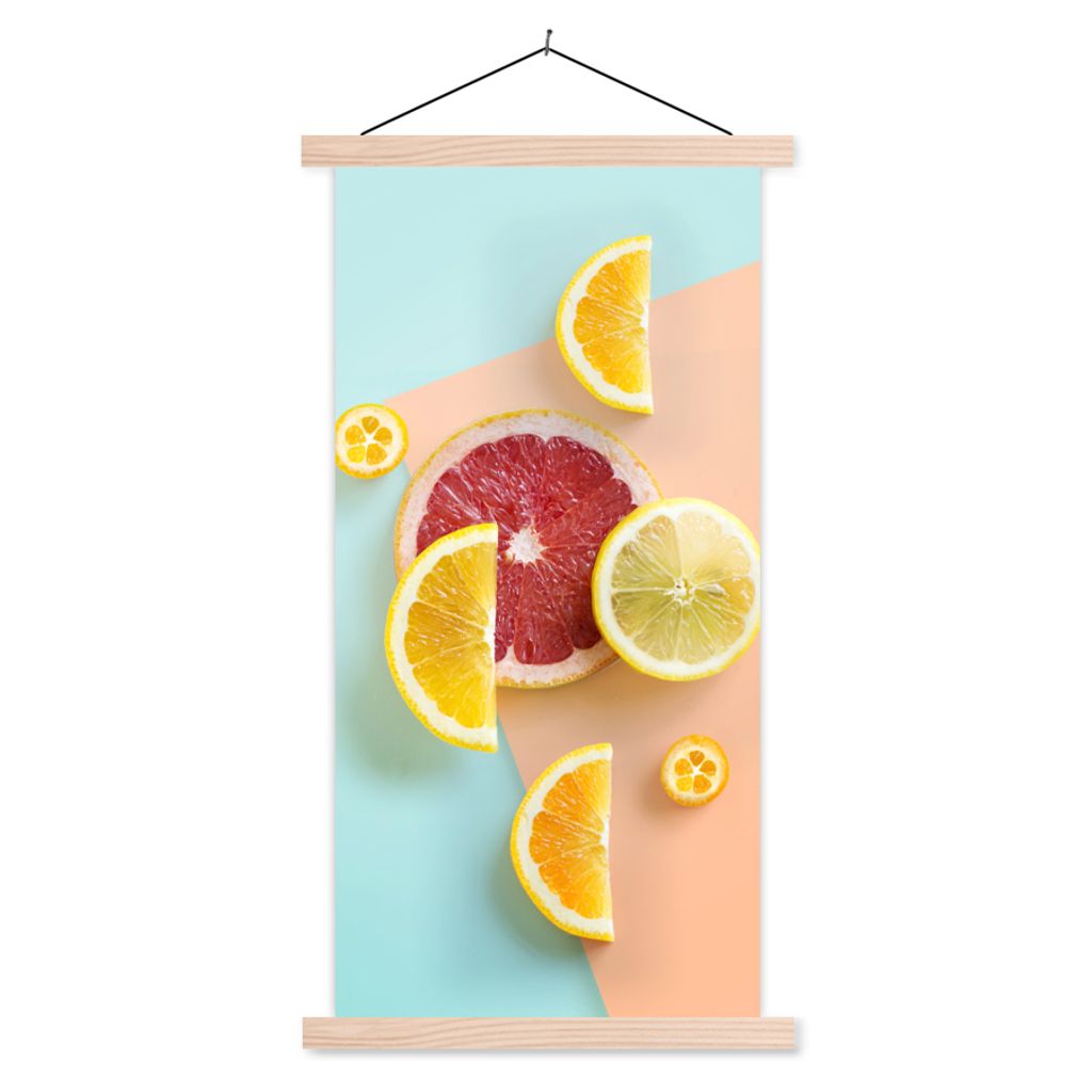 MuchoWow Textilposter Zitrus - Zitrone - Pastell 40x80 cm mit holzfarbenen Rahmen - Wohnzimmer