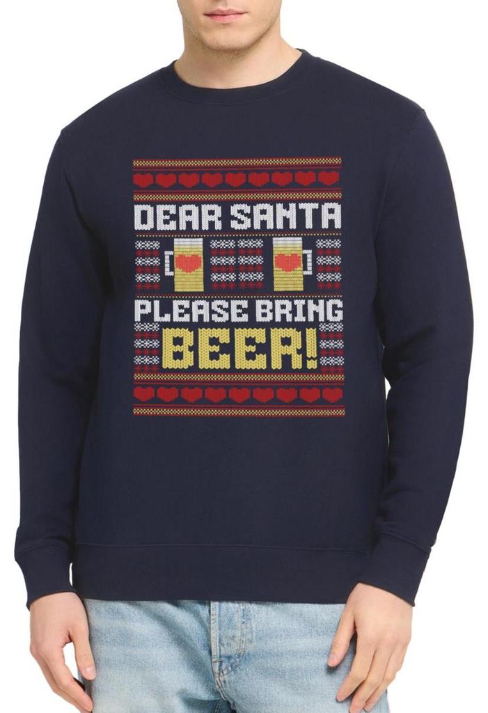 Spreadshirt Dear Santa Please Bring Beer Ugly Christmas Bier Uni Pullover, 3XL, Navy