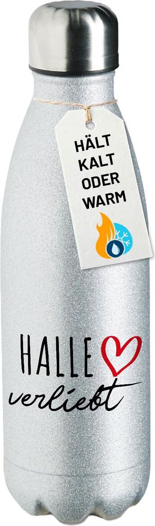 Huuraa Trinkflasche Halle verliebt 500ml Silver Edelstahl Wasserflasche Trinkflasche Geschenkidee