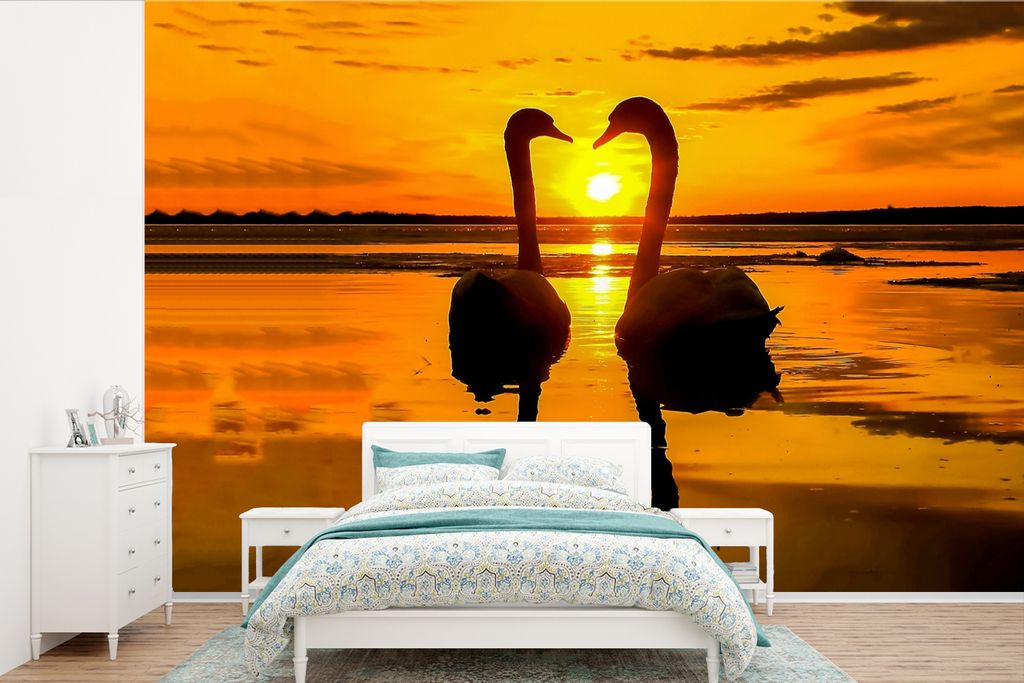 MuchoWow Fototapete für Wohnzimmer oder Schlafzimmer Wandtapete Vinyl Motivtapete Schwäne - Sonnenuntergang - Vogel - Orange - Wasser - 390x260...