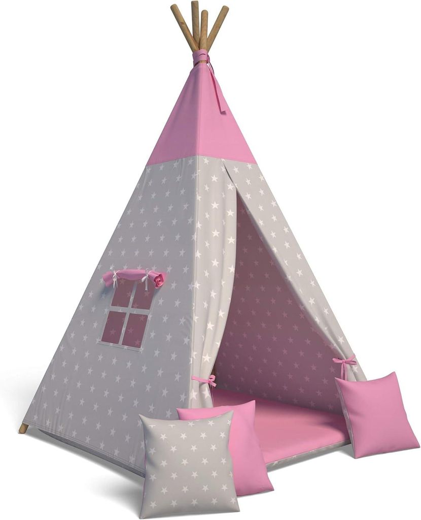 Tipi Zelt für Kinder | Spielzelt Kinder Indoor | Spielzelt mit Weiche Kissen | Langlebig zelt|Kinderfreundlich Tippizelt Indoor (Sterne Rosa)