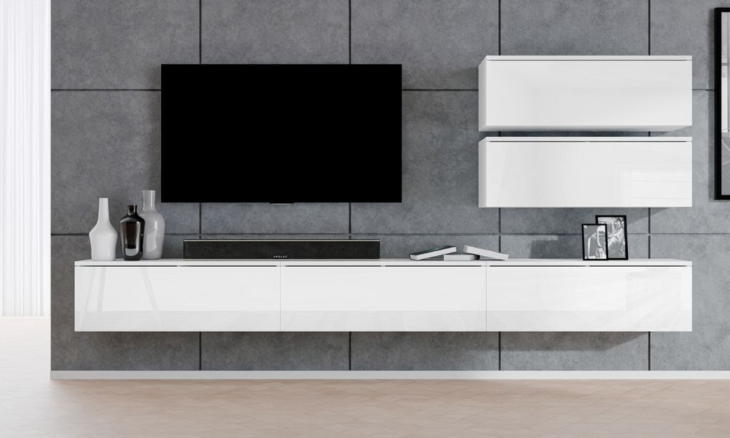 AX LIVING Wohnwand weiß Loriano V Matt/Hochglanz Anbauwand 300 cm