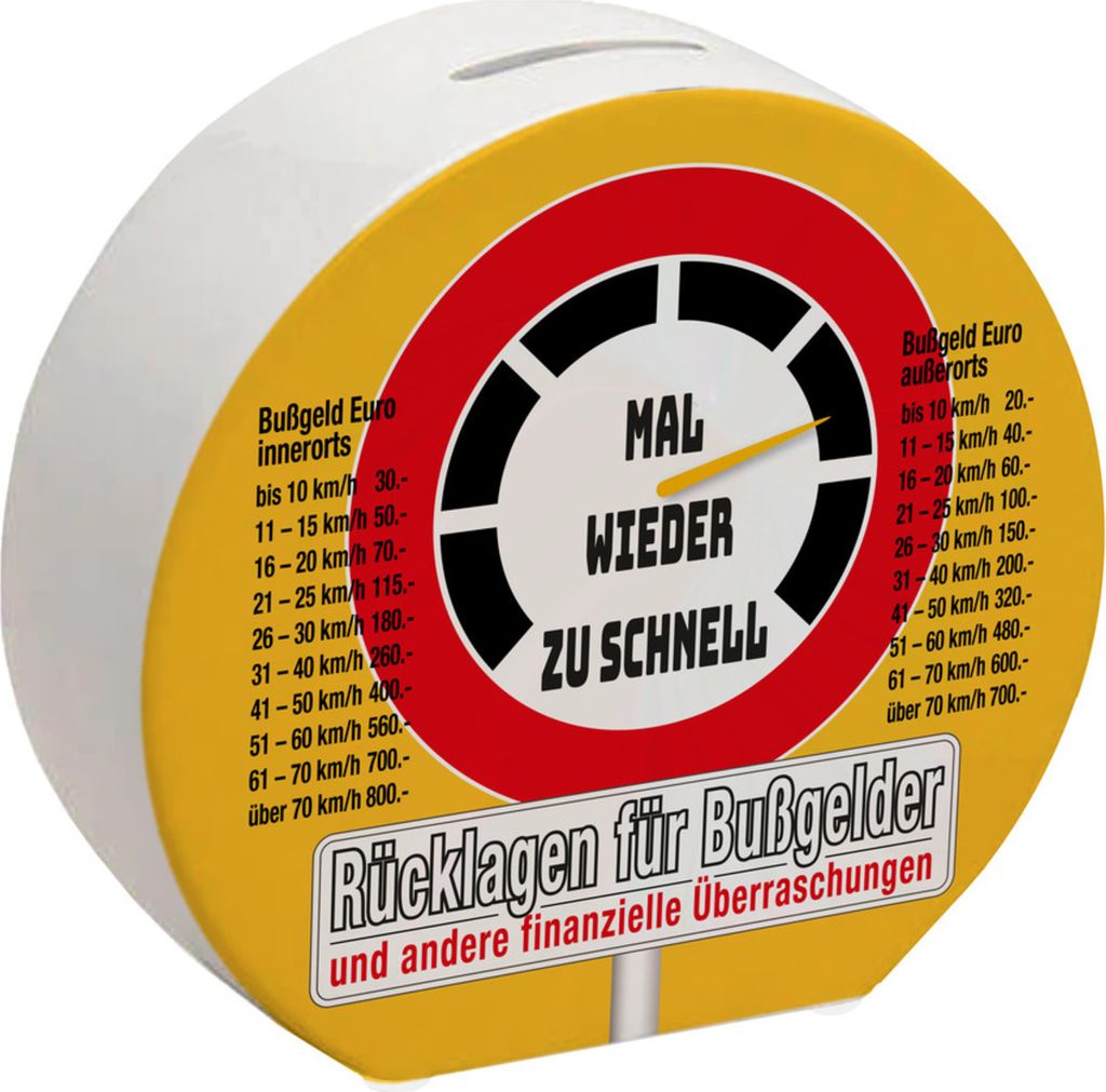 Zu schnell gefahren Bußgeld Spardose in orange mit Straßenschild Motiv
