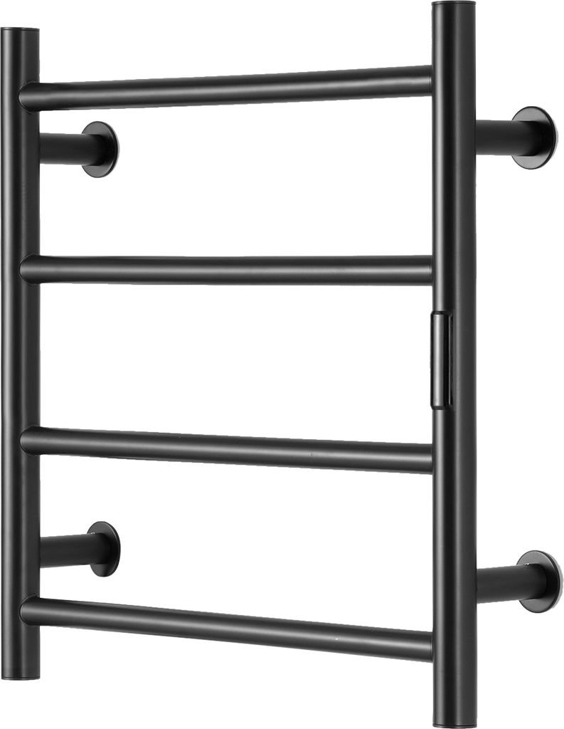 A black towel warmer with four horizontal bars, mounted on a white background.