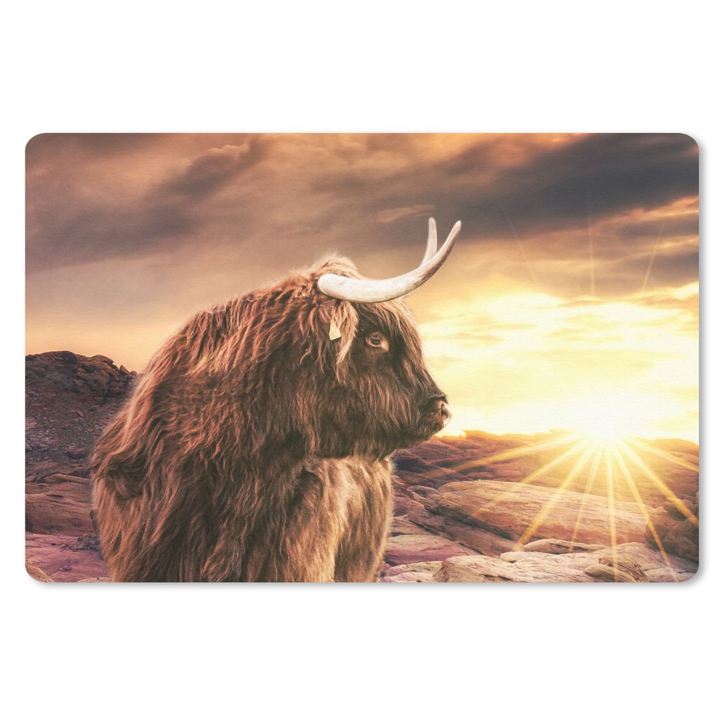 MuchoWow Mauspad Mousepad Schottischer Hochländer - Sonne - Horizont - Kuh - Tiere 27x18 cm - Mousepads - Maus Mat - Pad - Mausunterlage - Büro...