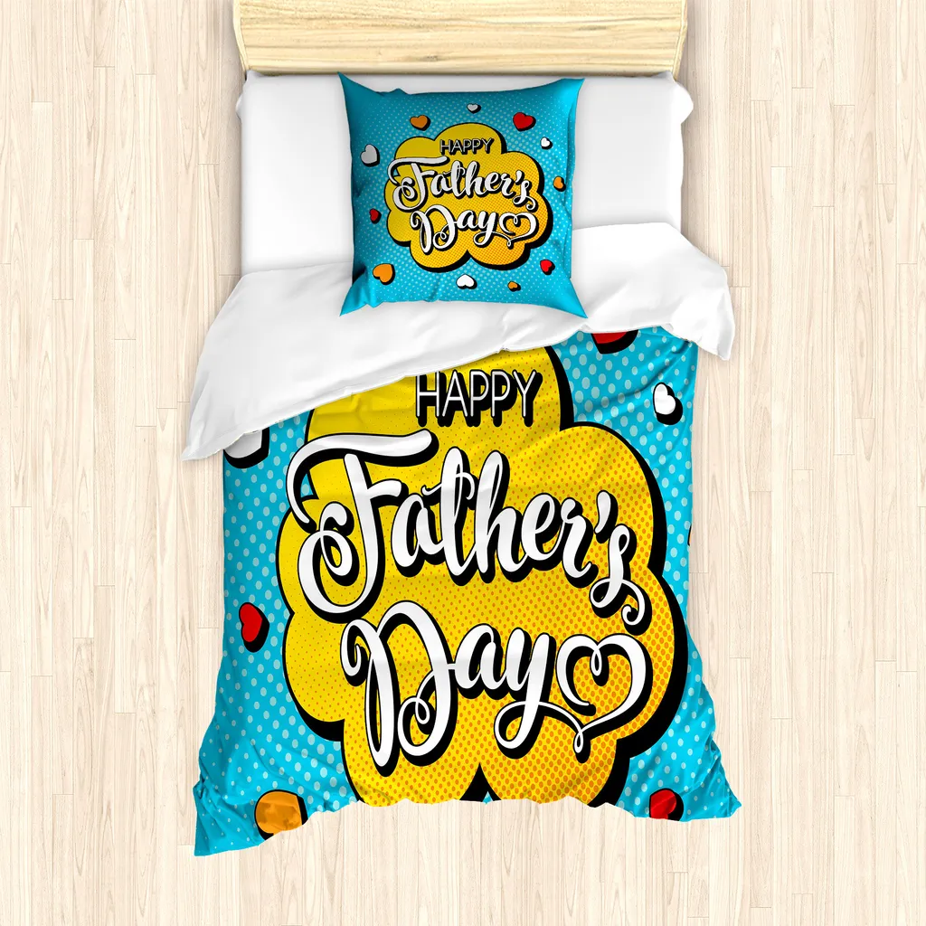 ABAKUHAUS Set copripiumino per letto singolo per la festa del papà, scritte colorate in stile fumetto, antiacaro e anallergico, con federa, 135 cm x 200 cm - 80 x 80 cm, blu cielo e giallo terra