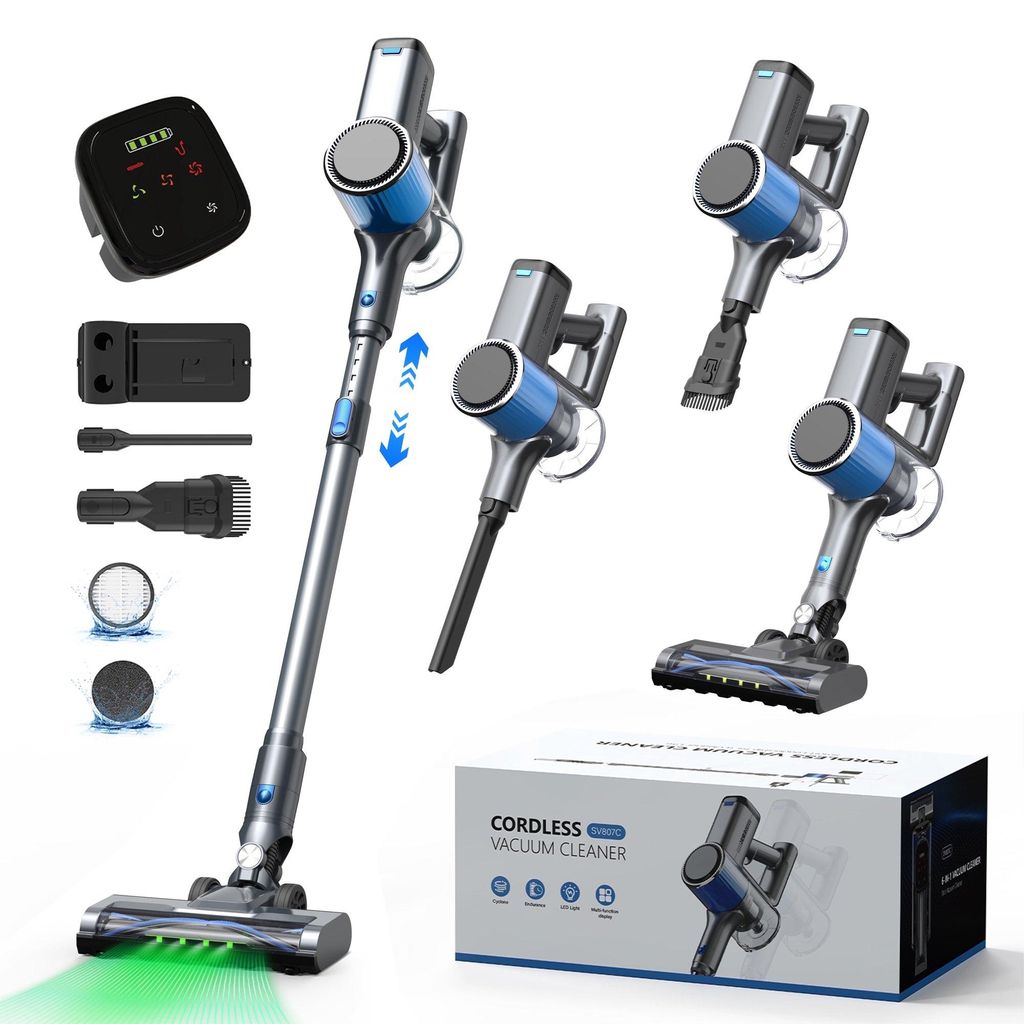 Akku Staubsauger kabellos, 55000Pa/200W Stielsauger LED-Display & Teleskoprohr, Selbstehend Beutelloser 2-in-1 Staubsauger für Tierhaare, Teppiche