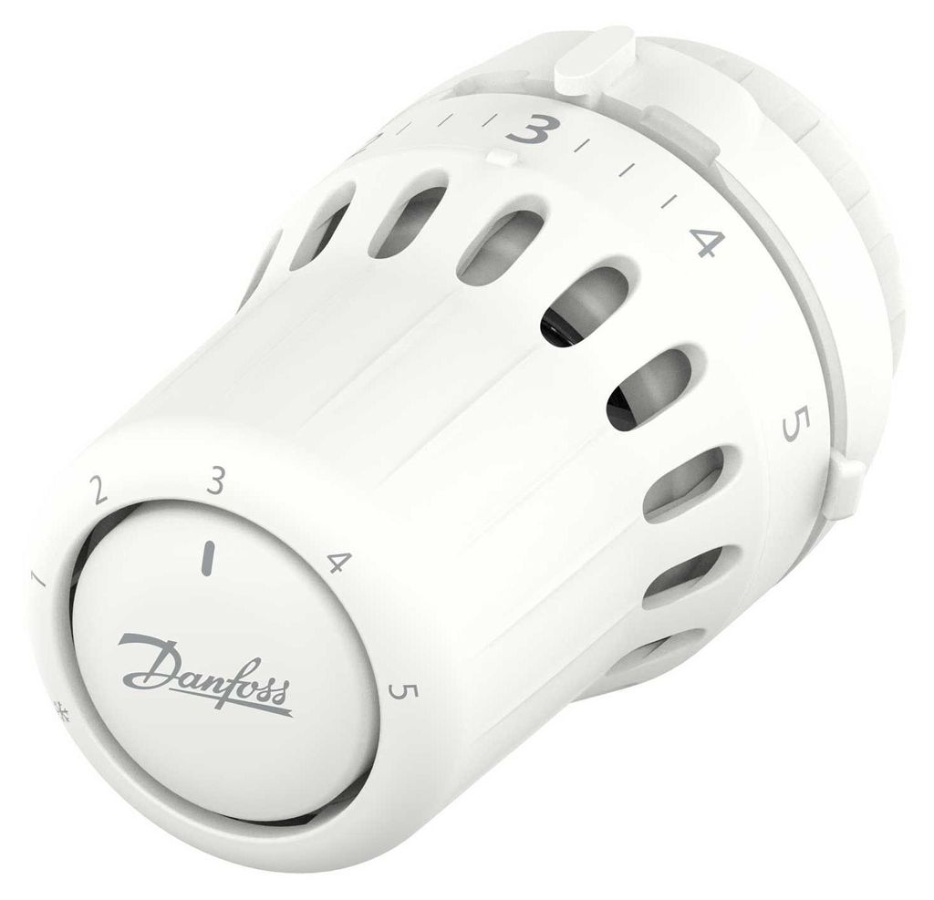 A white Danfoss thermostat head is shown against a white background.