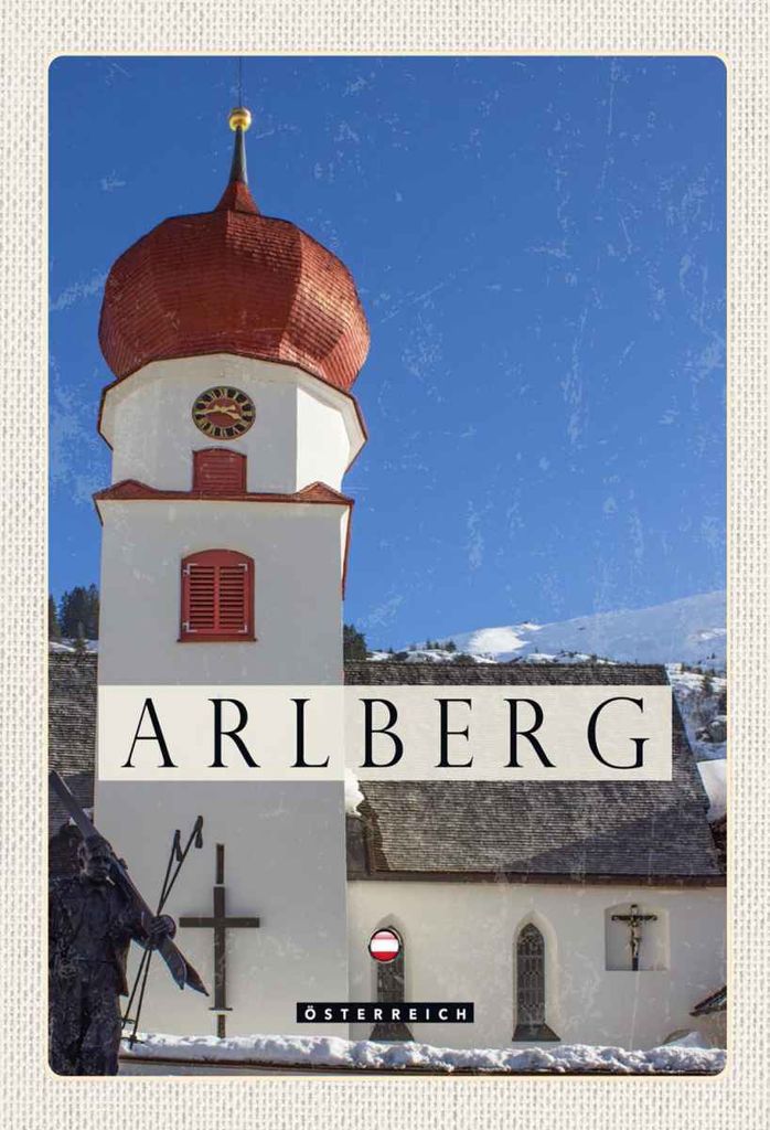 vianmo Holzschild 30x20 cm Arlberg Österreich Kirche Skulptur Bildmotiv Reisemotiv Abenteuer Reisen