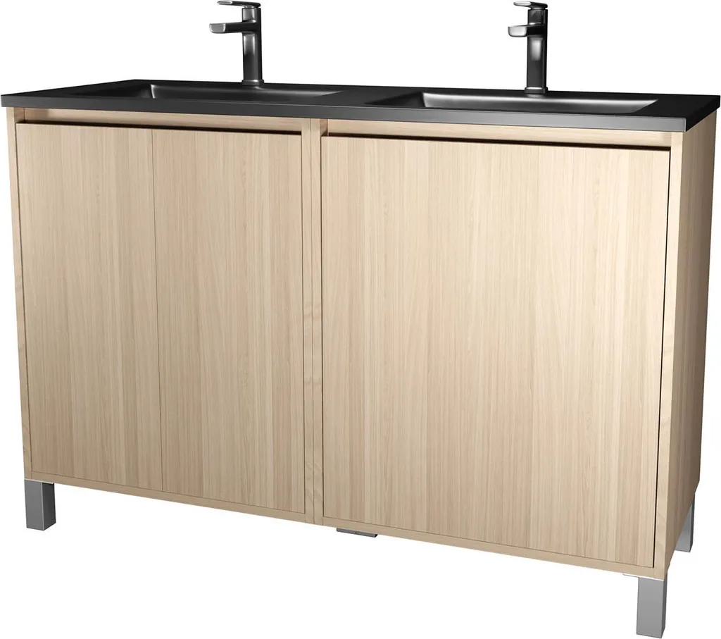 Meuble Salle de Bain 4 Portes Chêne Clair 120 cm avec Vasque Noire XENOS