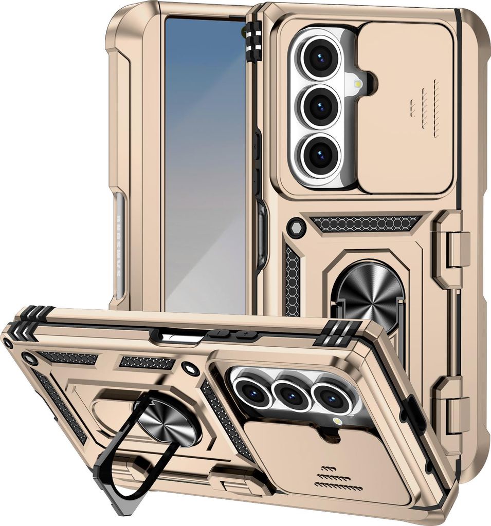 Hülle für Samsung Galaxy Z Fold 7 Hybrid Schutzhülle mit Ring Ständer, Scharnierabdeckung und Schiebbarer Kameraabdeckung Gold