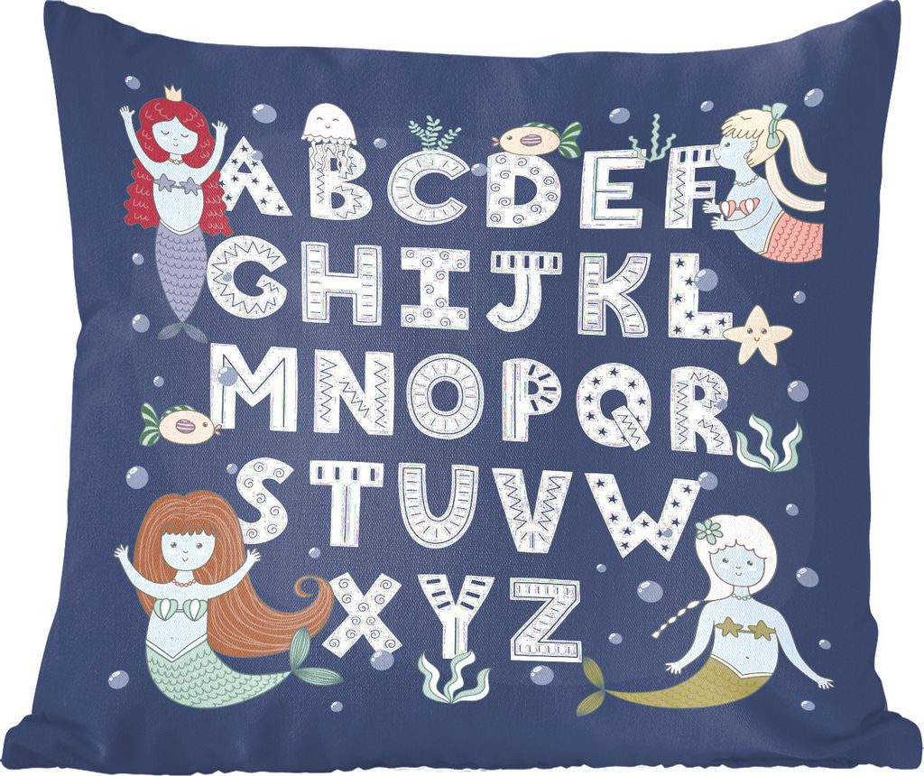 MuchoWow Zierkissen Sofakissen Wohnzimmer Dekokissen 60x60 cm Illustration Alphabet mit Meerjungfrauen auf einem dunklen Hintergrund - Sitzfläch...