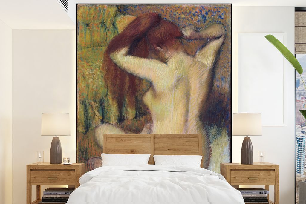 MuchoWow Fototapete für Wohnzimmer oder Schlafzimmer Wandtapete Vinyl Motivtapete Frau kämmt ihr Haar - Gemälde von Edgar Degas - 190x260 cm -...