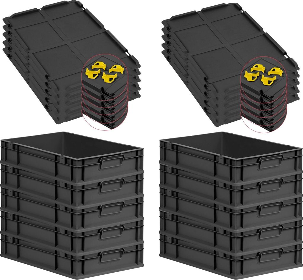 SparSet 10x Eurobox NextGen Grip mit Auflagedeckel inkl. 4 gelben Schiebeschnappverschlüssen | HxBxT 12x40x60cm | 23 Liter | Schwarz | Griffe gesc...