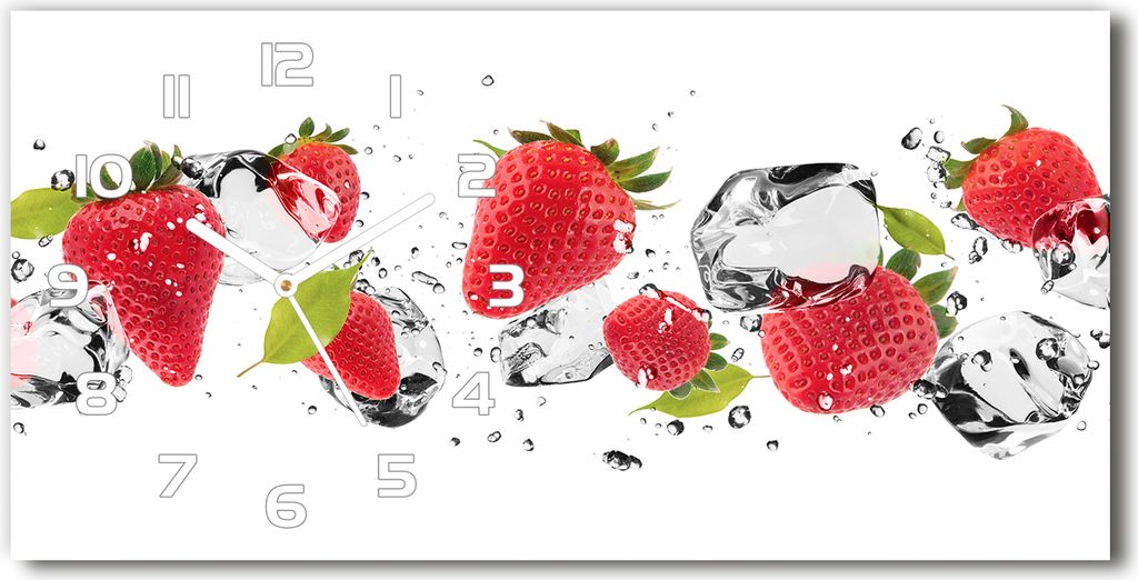 Wanduhr aus Glas – 60x30 cm - Glasbild - Glasuhr - Gehärtetes Glas - weisse-zeiger - Erdbeeren und Wasser