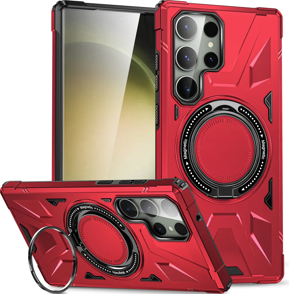 Custodia a doppio strato per Samsung Galaxy S23 Ultra compatibile con MagSafe, robusta custodia di protezione con supporto ad anello magnetico rosso