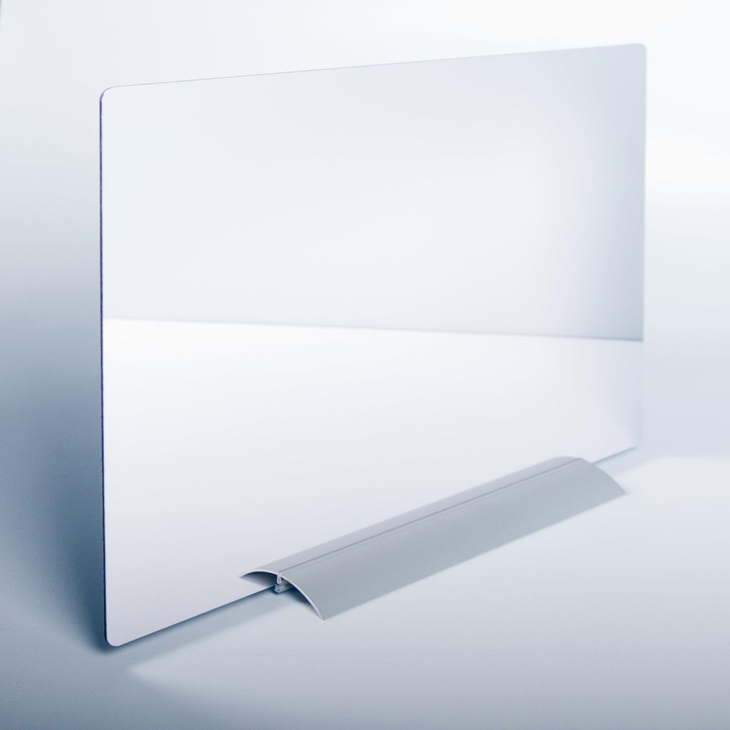 A white rectangular mirror with a gray base stand on a white surface.