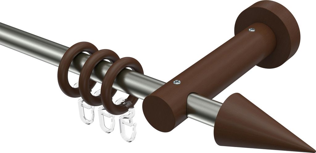 Interdeco Gardinenstange / Vorhangstange Edelstahl / Nussbaum lackiert, Typ Adrian Holly (Kegel), 16 mm Ø 1-läufig, 440 cm