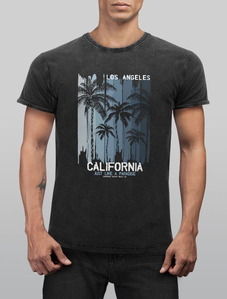 Herren Vintage Shirt Los Angeles California USA Sommer Bedruckt Aufdruck Print Surfing Fashion Streetstyle Used Look Neverless schwarz L