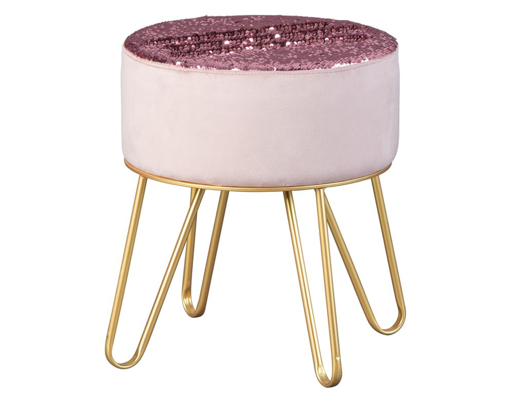 A pink velvet stool with sequined top and gold metal legs on a white background.