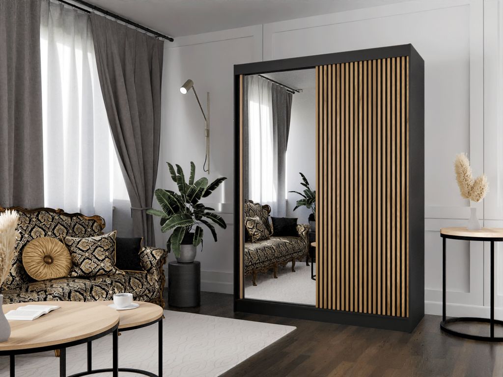 Kleiderschrank Lili mit Lamellen 150 cm inklusive 2 Schiebetüren Schwebetürenschrank Kleiderstange Garderobe Schrank Lieferung bis in die Wohnung...
