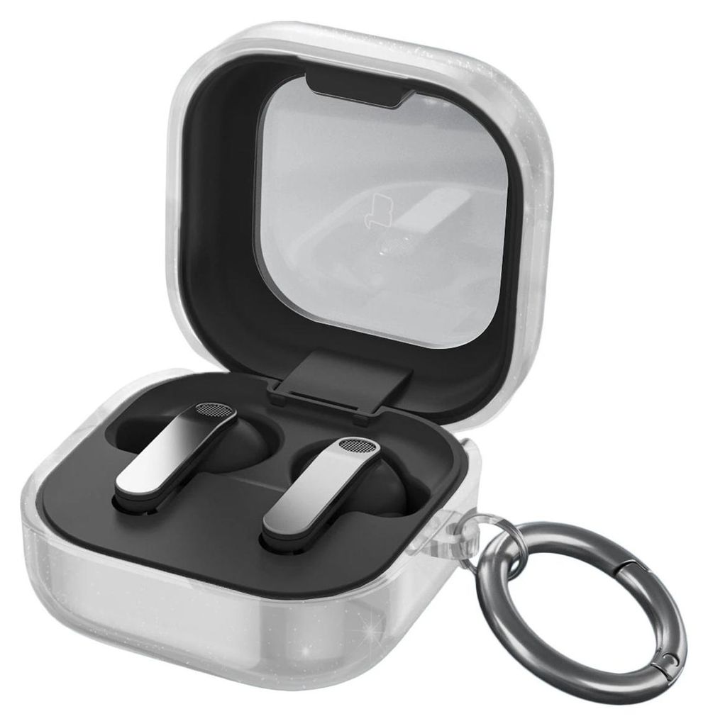 Elastische Hülle mit Karabiner für Galaxy Buds 4 / 4 Pro, Bizon Case Headphone Clear, Transparent und Glitzernd