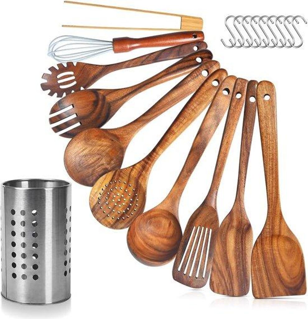 Teakholz Kochset mit Holzhalter Handtuch, Holzbrett und -löffel, Naturkochset (Pack von 11)