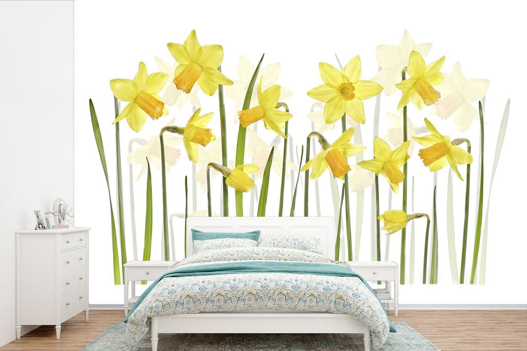 MuchoWow Fototapete für Wohnzimmer oder Schlafzimmer Wandtapete Vinyl Motivtapete Gezeichnete Narzissen - 450x300 cm - Gemusterte