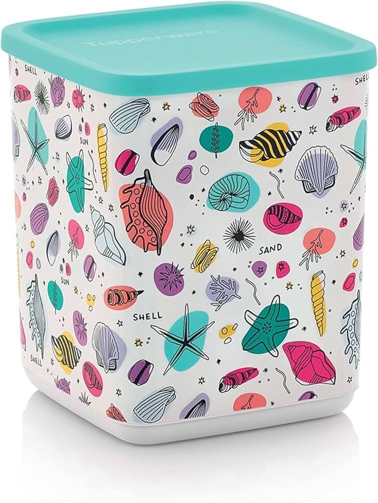 A square Tupperware container with a teal lid, decorated with a colorful pattern of various seashells and starfish.