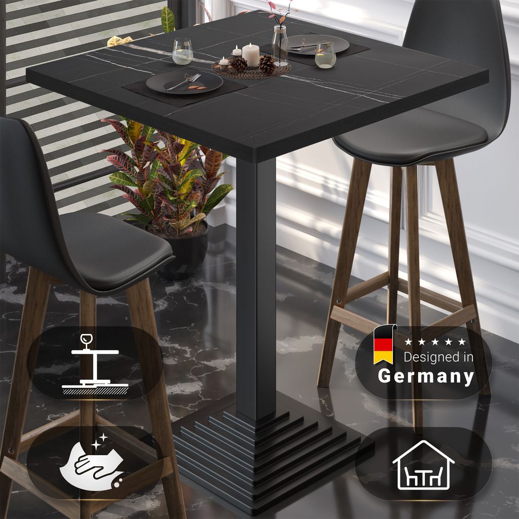 BPY | Bistro Stehtisch | 60 x 60 x 112 cm | Schwarzer Rand | Quadratisch | Schwarz Marmor / Schwarz | Gastro Steh Tisch Restaurant