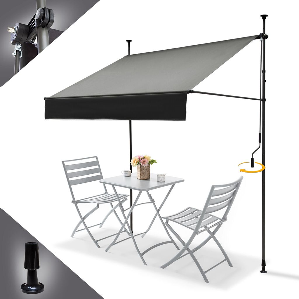 Grandekor Klemmmarkise Markise Balkon ohne Bohren, Balkonmarkise mit Handkurbel, 300 cm x 125 cm Grau, Sonnenschutz terrassenüberdachung, Wasserdi...