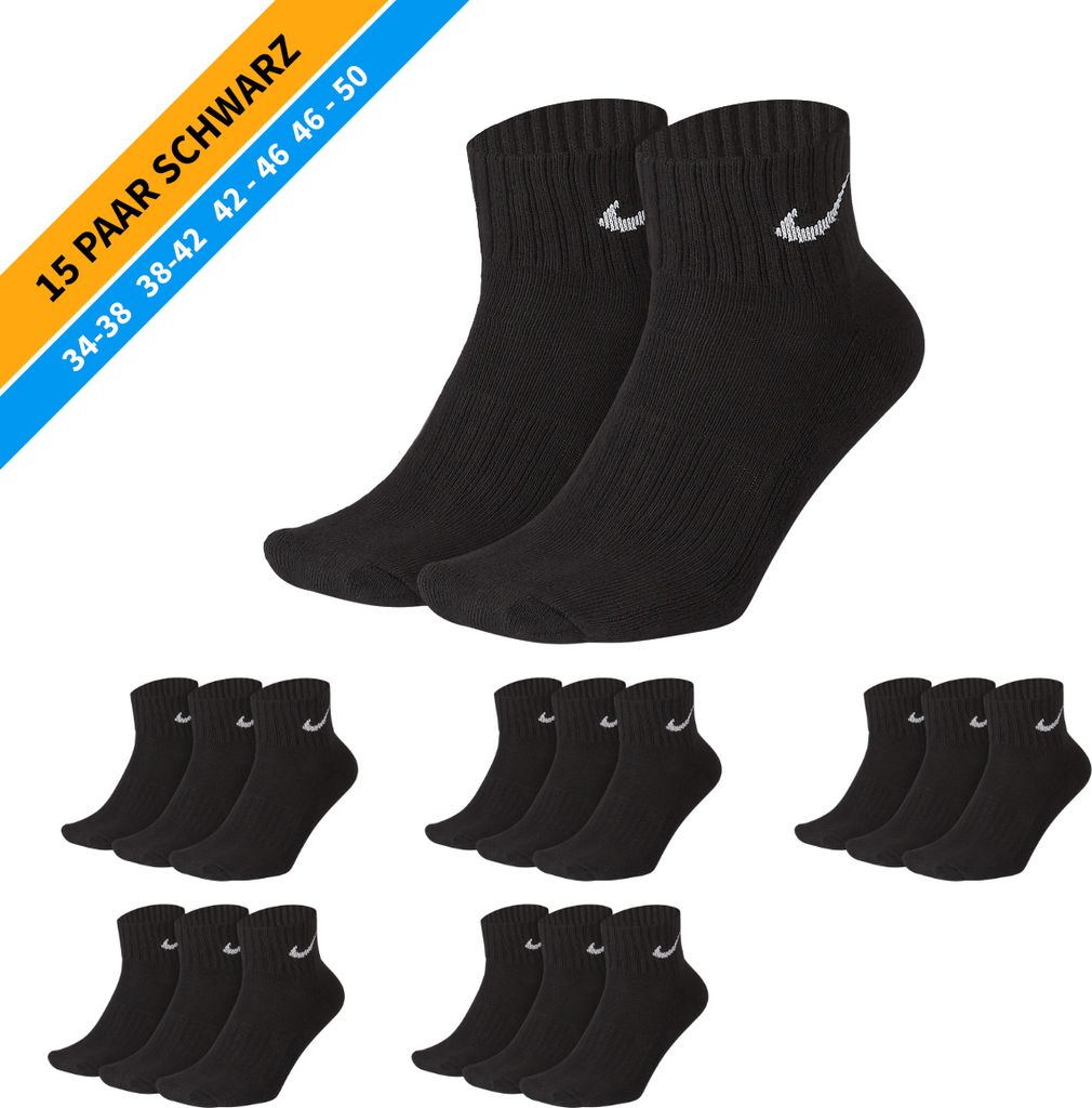 NIKE Socken - Farbe: 15 Paar Schwarz Quarter Socken - Größe: 42-46