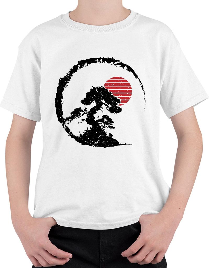 Bonsai Baum Zen Japan Enso Kreis Rote Sonne Vintage Retro Grunge Uni Kinder T-Shirt, Weiß, 104