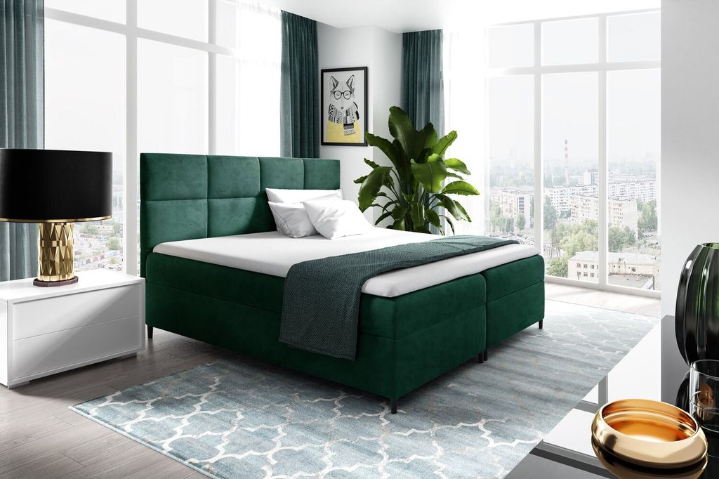 Boxspring Bett mit Stauraum BRIGITA – 200x200, grün + ER Topper