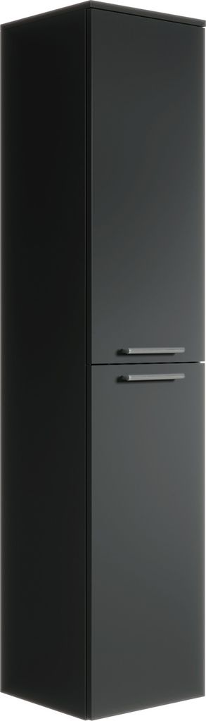A tall, narrow black cabinet with two doors and silver handles, shown against a white background.