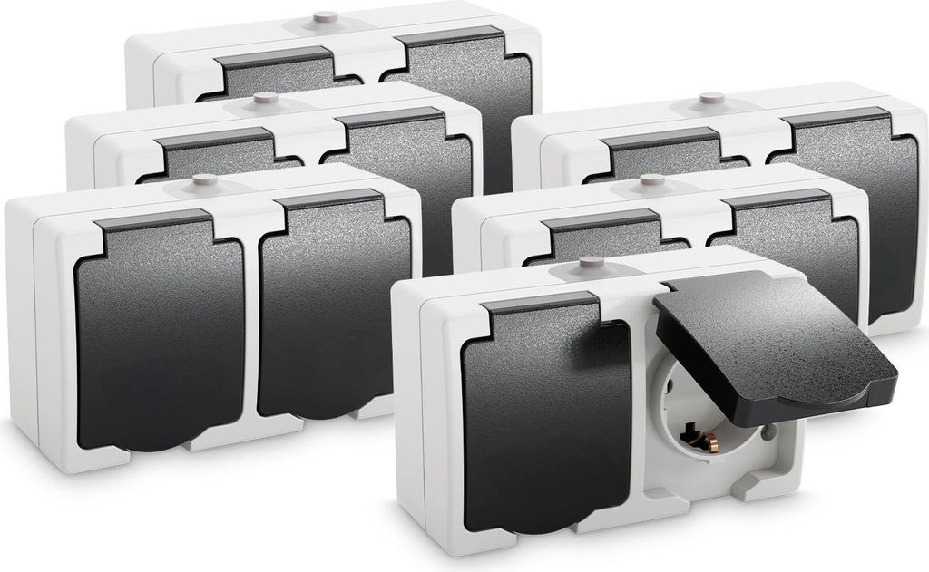 ABSINA Aufputz Schutzkontakt Steckdose für Feuchtraum - 6x 2fach Aufputz Schutzkontaktsteckdose IP44, 250V, 16A, 2 polig