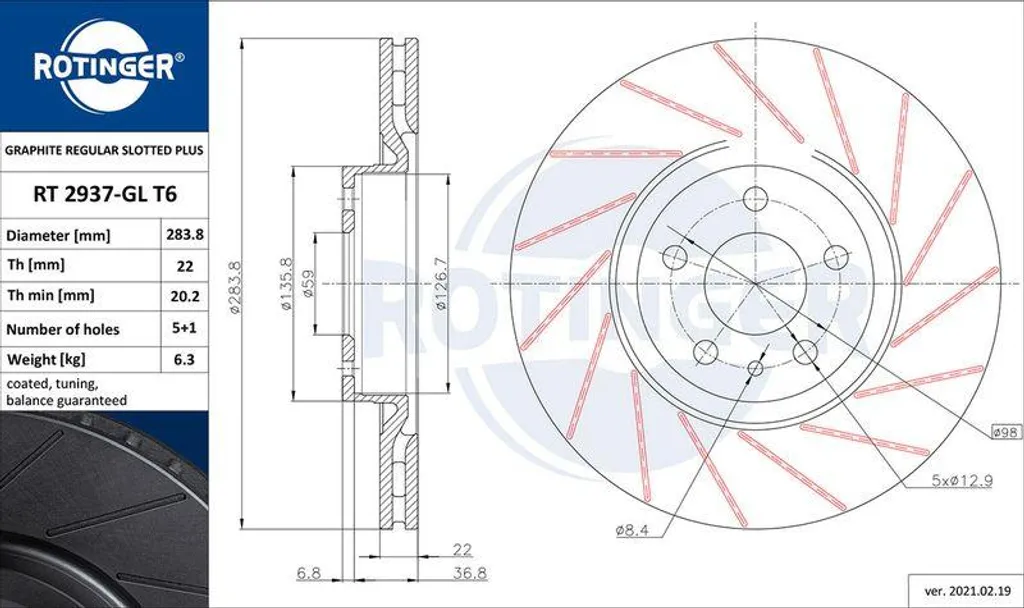 Disque de frein rainuré ROTINGER RT 2937-GL T6 série Graphite Line OE