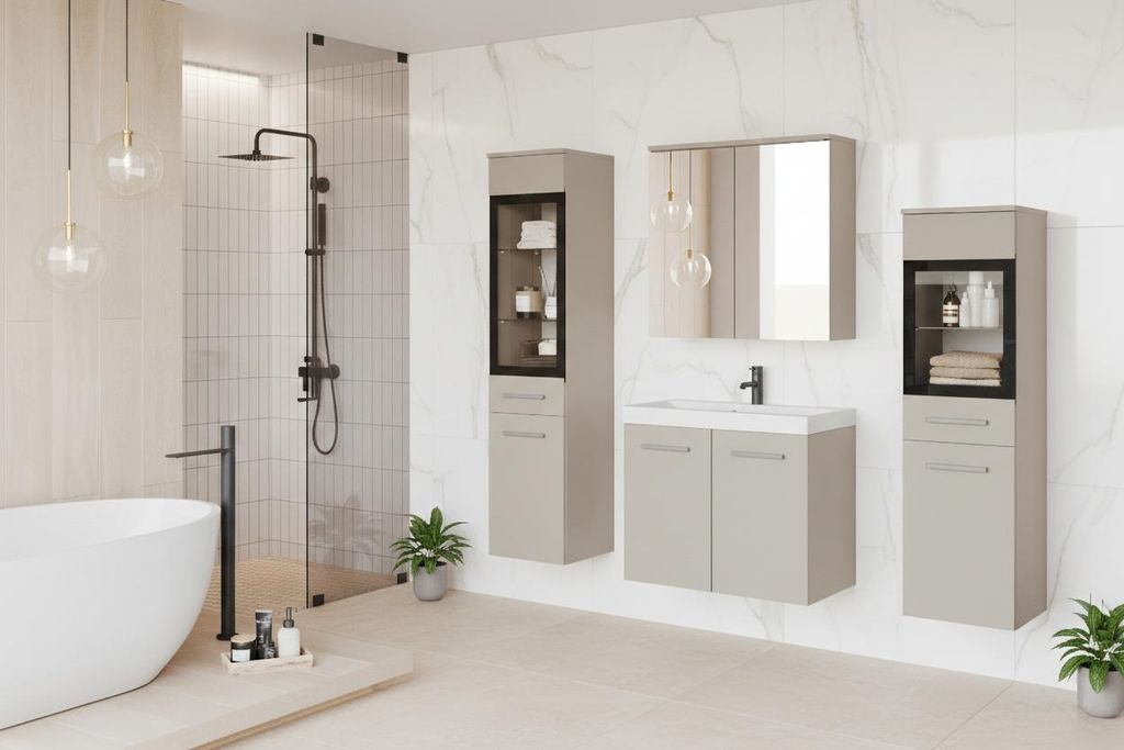 MINIO go for it, Badezimmermöbel Set "MARIT II", Badezimmer Set, mit Waschbecken, ohne LED-Beleuchtung, Beige Kaschmir Farbe