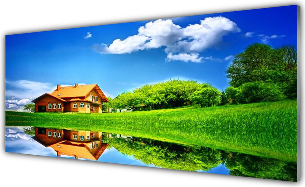 Glasbilder 125x50 Wandbild Druck auf Glas Haus See Gras Natur