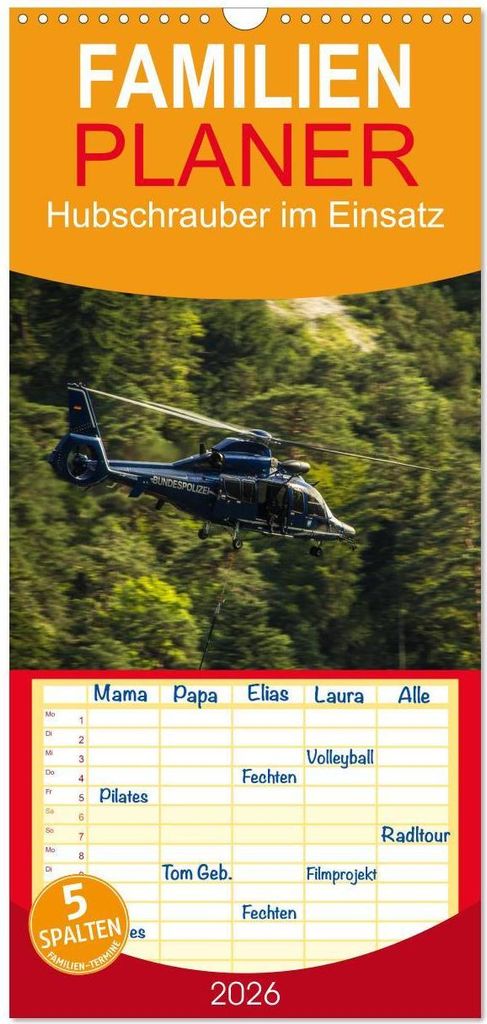 Familienplaner 2026 - Hubschrauber im Einsatz mit 5 Spalten (Wandkalender, 21 x 45 cm) CALVENDO