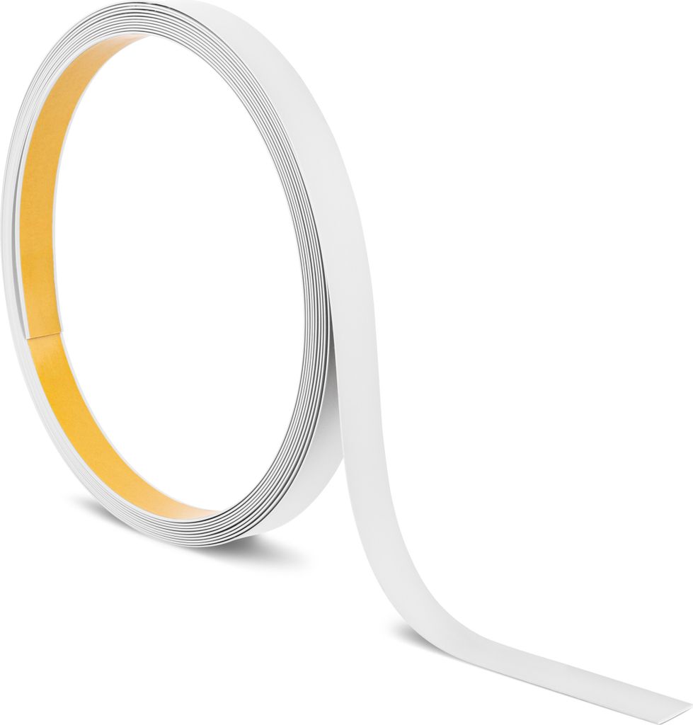 A roll of white tape with a yellow adhesive backing, shown diagonally against a white background.