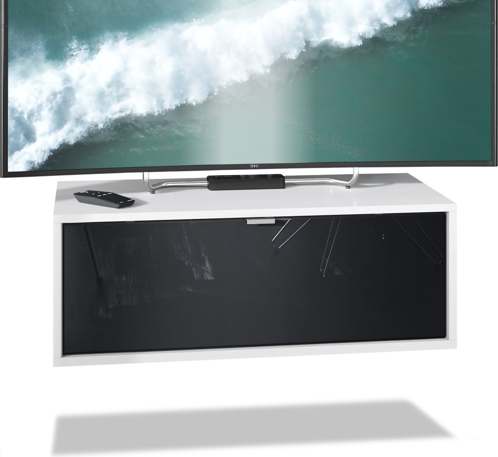 Vladon TV Board Lana 80 Hängeschrank Lowboard 80 x 29 x 37 cm, Germany, Korpus in Weiß matt, Fronten in Schwarz Hochglanz | Große Farbauswahl