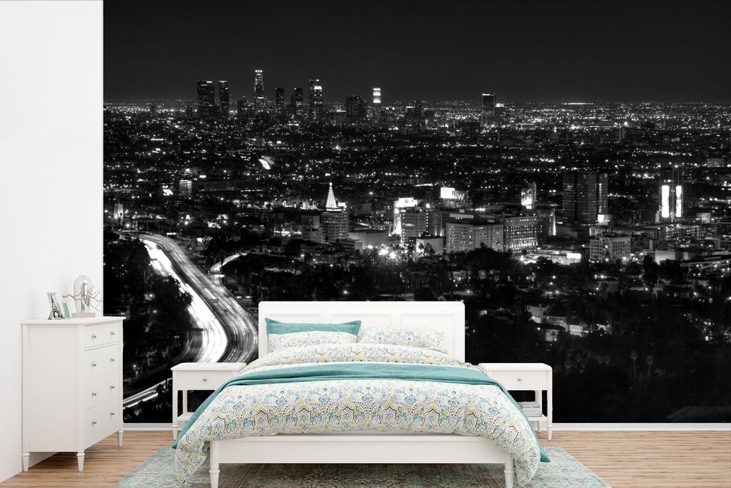 MuchoWow Fototapete für Wohnzimmer oder Schlafzimmer Wandtapete Vinyl Motivtapete Luftaufnahme von Hollywood bei Nacht - schwarz und weiß - 390...