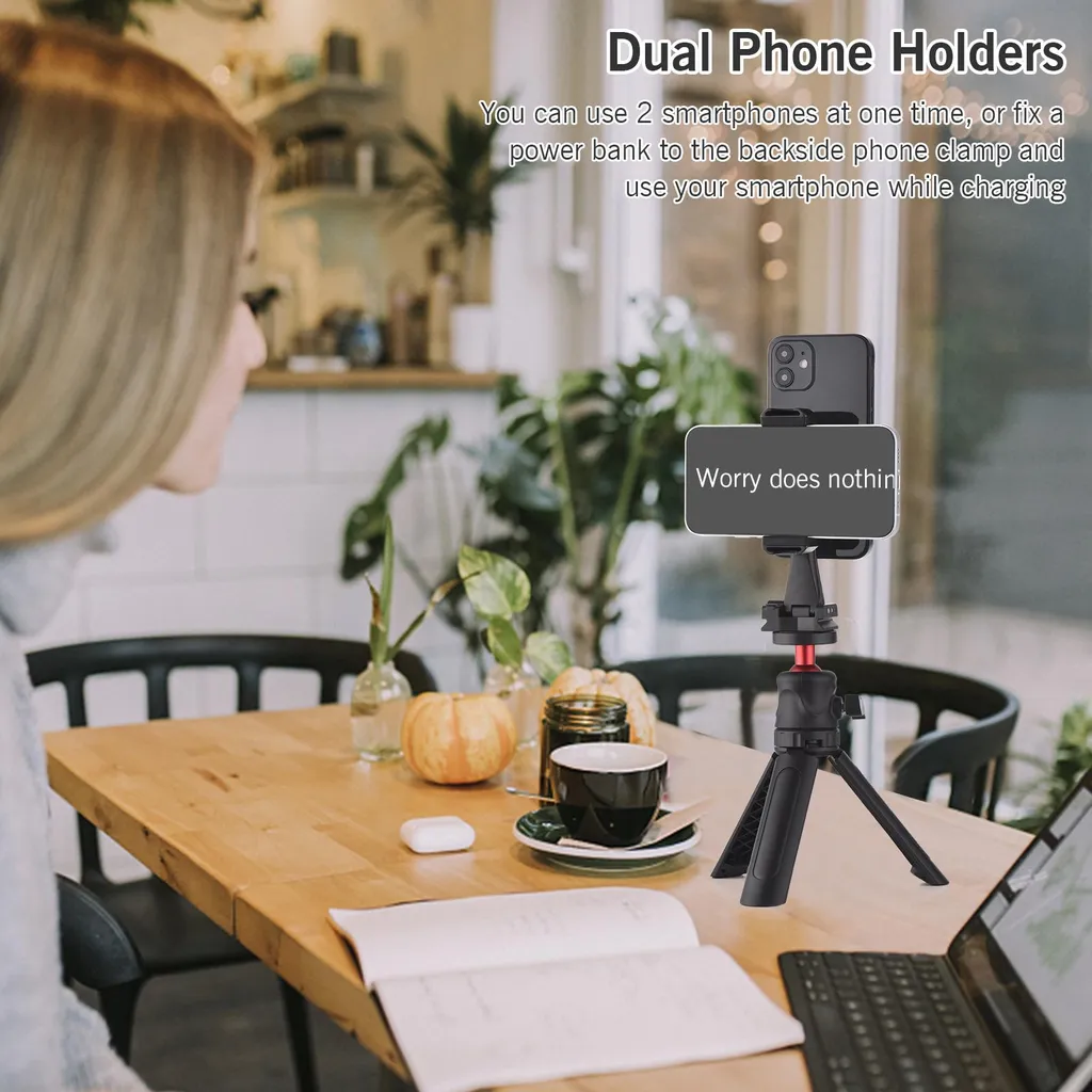 Andoer AD-04 Supporto universale per telefono con due staffe, morsetto verticale orizzontale, 4 supporti multifunzione per smartphone con slitta a contatto freddo per vlog, live streaming, lezioni video online - 4