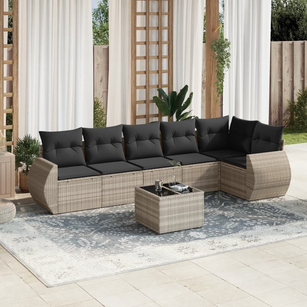 "2026 Promotion" 7-tlg. Garten-Sofagarnitur/Terrassenmöbel - mit Kissen - Hellgrau Poly Rattan - Gartenmöbelset CC12717