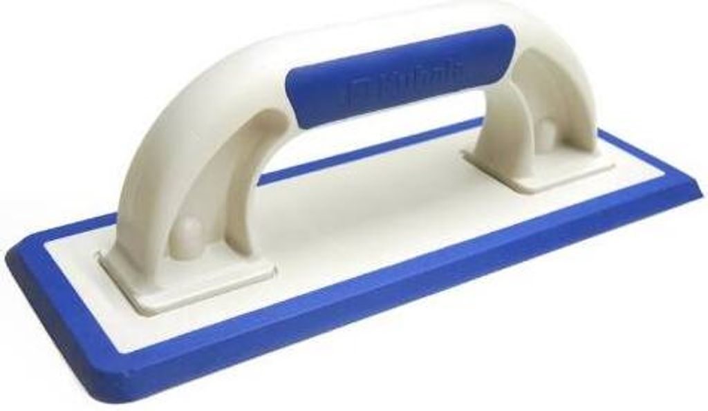 A white and blue rubber trowel with a white handle and blue trim, shown against a white background.