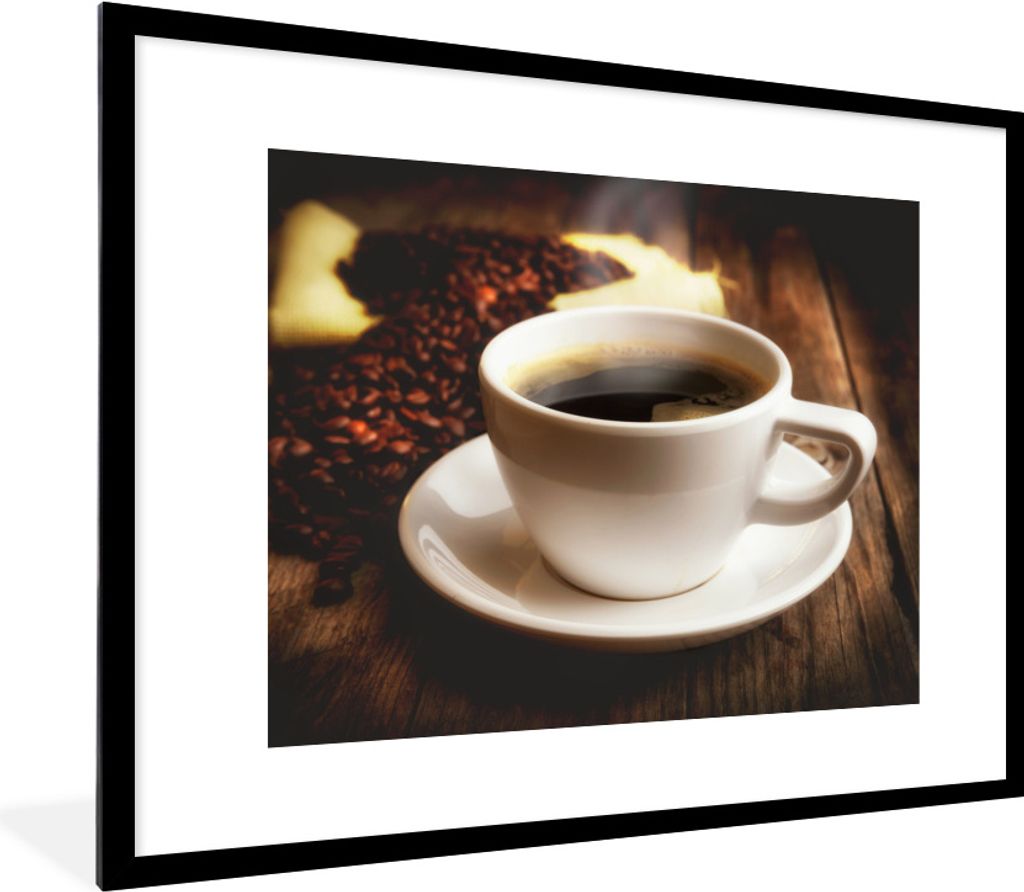 MuchoWow Gerahmtes Poster Eine heiße Tasse Kaffee mit Kaffeebohnen 80x60 cm - Poster mit Schwarzem Bilderrahmen Wandposter Rahmen Foto Bilder - ...
