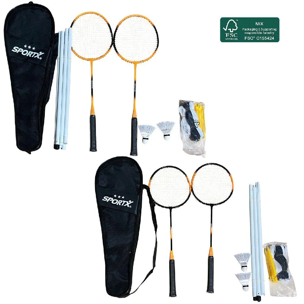 Jeu de badminton SportX Qualité 3 étoiles : Raquettes bois et filet inclus