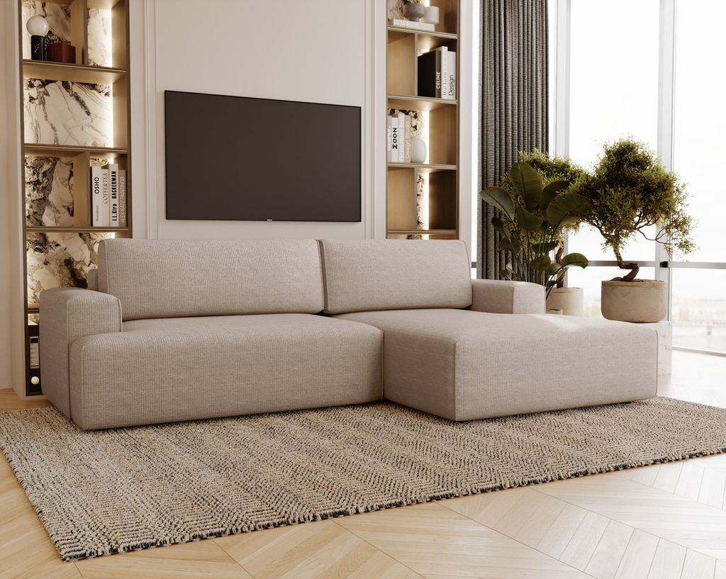 Ecksofa mit Schlaffunktion Boston - Eckcouch, Bettkasten, Kleines Sofa, Rechts, Beige (Memphis 3)